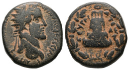 Commagene, Zeugma. Antoninus Pius, AD 138-161. AE. 11.36 g. 22.83 mm.
Obv: Radiate head of Antoninus Pius, right.
Rev: ΖΕVΓΜΑΤΕωΝ. Temple with four ...