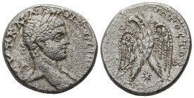 Syria, Antioch. Elagabalus, AD 218-222. AR, Tetradrachm. 13.81 g. 25.78 mm.
Obv: ΑΥΤ Κ Μ Α ΑΝΤωΝΕΙΝΟϹ ϹΕΒ. Laureate head of Elagabalus, right, with dr...