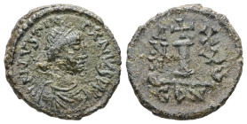 Justinian I, AD 527-565. AE, Decanummium. 2.78 g. 17.70 mm. Constantinople.
Obv: DNIVSTINI-ANVSPPAVC. Bust of Justinian I facing right with diadem, cu...