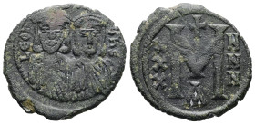 Leo III 'the Isaurian' and Constantine V, AD 717-741. AE, Follis. 5.10 g. 24.20 mm. Constantinople.
Obv: LEOҺ- SC-OҺSƮ. The busts of Leo, with short b...