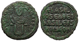 Basil I the Macedonian, 867-886 AD. AE, Follis. 6.83 g. 27.00 mm. Constantinople.
Obv: + bASILIOS bASILЄVS ✱. Emperor, crowned and wearing loros, seat...