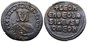 Leo VI the Wise, AD 886-912. AE, Follis. 6.84 g. 27.57 mm. Constantinople.
Obv: + LЄOҺЬAS-ILЄVSROM. Frontal bust of Leo VI with short beard wearing c...