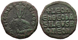 Leo VI the Wise, AD 886-912. AE, Follis. 7.65 g. 26.00 mm. Constantinople.
Obv: + LЄOҺЬAS-ILЄVSROM. Frontal bust of Leo VI with short beard wearing ch...