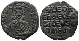 Leo VI the Wise, AD 886-912. AE, Follis. 8.33 g. 25.16 mm. Constantinople.
Obv: + LЄOҺЬAS-ILЄVSROM. Frontal bust of Leo VI with short beard wearing ch...