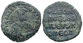 Leo VI the Wise, AD 886-912. AE, Follis. 8.82 g. 27.18 mm. Constantinople.
Obv: + LЄOҺЬAS-ILЄVSROM. Frontal bust of Leo VI with short beard wearing ch...