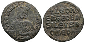 Leo VI the Wise, AD 886-912. AE, Follis. 6.02 g. 25.47 mm. Constantinople.
Obv: + LЄOҺЬAS-ILЄVSROM. Frontal bust of Leo VI with short beard wearing ch...