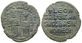 Leo VI the Wise and Alexander, AD 886-912. AE, Follis. 8.55 g. 28.13 mm. Constantinople.
Obv: + LЄOҺ-SALЄΞAҺδROS. Leo on left and Alexander on right, ...