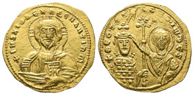 John I Tzimisces, AD 969-976. AE, Solidus. 4.24 g. 22.63 mm. Constantinople.
Obv: + IhS XIS REX REGNANTInm Nimbate bust of Christ facing, raising rig...