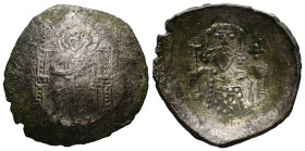 Alexius I, AD 1081-1118. Bl, Aspron Trachy. 3.57 g. 25.65 mm. Constantinople.
Obv: IC-XC to left and right of Christ, nimbate, seated facing, holding ...