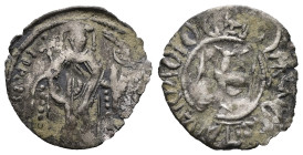 Andronicus II Palaeologus, AD 1282-1328. BI, Tornese. 0.45 g. 16.54 mm. Constantinople.
Obv: Andronicus standing facing, holding cross-tipped sceptre...