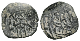 Manuel II Palaeologus, AD 1391-1425. AE, Follaro. 0.57 g. 15.31 mm. Constantinople.
Obv: Christ standing facing in mandorla, raising hand in benedict...