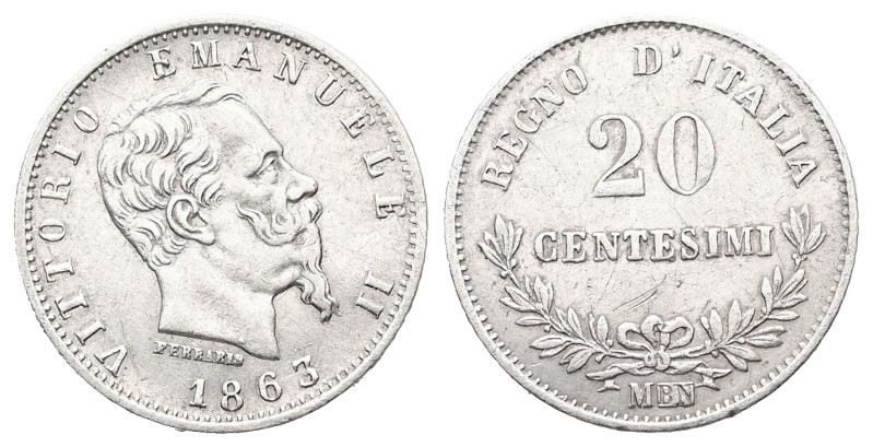 Victor Emmanuel II, AD 1861-1878. AR, 20 Centimes. 0.91 g. 16.12 mm. Milan. 1863...