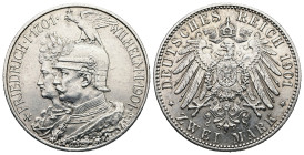 Prussia. Wilhelm II, AD 1888-1918. AR, 2 Mark. 11.13 g. 28.09 mm.
Obv: +FRIEDRICH·I·1701· WILHELM·II·1901·
Rev: DEUTSCHES REICH 1901 / * ZWEI MARK *
R...