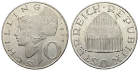 Austria, 2 Republic. AR, 10 Schilling. 7.52 g. 26.96 mm. 1957.
Obv: REPUBLIK OSTERREICH. Austrian escutcheon.
Rev: SCHILLING 1957 / 10 / WELZ. Woman h...
