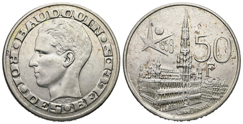 Baudouin I, AD 1951-1993. AR, 50 Francs. 12.31 g. 30.06 mm. 1958.
Obv: BOUDOUIN ...