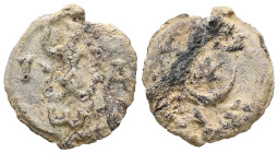 PB Asia Minor. Lead Gnostic Amulet (AD 2nd–4th centuries)
Obv.: Abrasax facing, with the head of a rooster and snakes for legs, holding a whip in his...