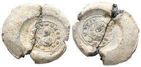 PB Byzantine seal of N. Kourtikes (c. AD 11th century)
Obv.: Bust of the Mother of God orans. Inscription on either side: Μ(ήτηρ) Θ(εοῦ). Along the ci...