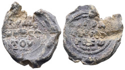 PB Byzantine seal of Symeon vestes (AD 11th century)
Obv.: Inscription of three lines beginning with a cross, preceded and followed by decoration: γρα...