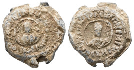 PB Byzantine seal (AD 11th century)
Obv.: In the center, a bust of the Mother of God orans, the medallion of Christ before her. Inscription: Μ(ήτηρ) Θ...