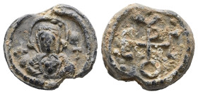 PB Byzantine seal of Sergios (AD 6th – 7th centuries)
Obv.: Bust of the Virgin with the medallion of Christ. Crosses on either side. Wreath border.
Re...