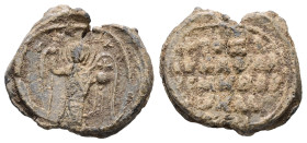 PB Byzantine seal (AD 11th–12th centuries).
Obv.: The archangel Michael, standing and holding the scepter and globus cruciger. On either side, sigla: ...