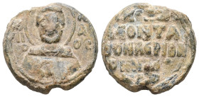 PB Byzantine seal of Leo Beridares (AD 12th century, first half)
Obv.: Bust of St Nicholas holding the book and offering a blessing. Epigraphy on eith...