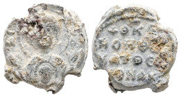 PB Byzantine seal of Matheos monk (AD 10th–11th centuries)
Obv.: Bust of the Mother of God orans, the medallion of Christ before her. Sigla on either ...