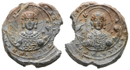 PB Byzantine lead seal of Theodosios (hegoumenos?) of the monastery of N. (AD 11th century)
Obv.: Half-length of the Archangel Michael holding a tref...
