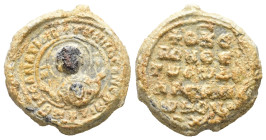 PB Byzantine lead seal of Abramios monk (AD 11th–12th centuries)
Obv: Bust of the Virgin orans, the medallion of Christ before her. On either side th...