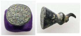 AE Byzantine stamp seal (AD 9th century)
A bronze stamp seal with loop at top for suspension; Greek invocative inscription of four lines.
Weight: 8.88...