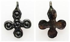 Pendant Cross. Middle Byzantine, 10thC-12thC.
Cruciform pendant; bronze; with circular terminals and a dot in the centre of each; loop at top.
Ref: Pa...