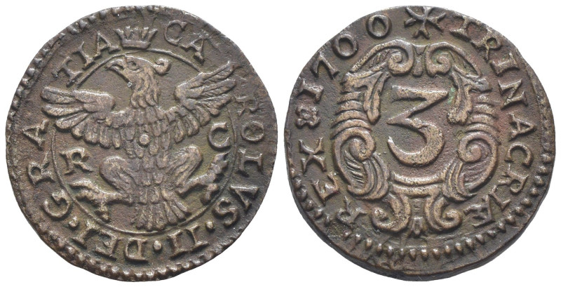 Palermo - Carlo II di Spagna (1665-1700) - 3 Piccioli 1700 - Cu - 2,48 g - Spahr...