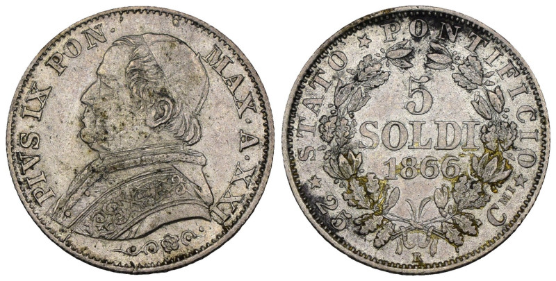 Stato Pontificio - Pio IX (1849-1866) - 5 Soldi (25 Centesimi) 1866 - RARA (R) -...