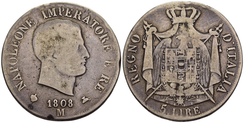 Napoleoene I, Re d'Italia (1805-1814) - 5 Lire 1808 Milano - Ag - 23,95 g - Giga...