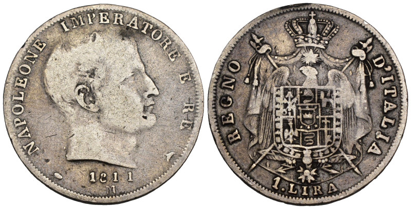 Napoleone I, Re d'Italia (1805-1814) - 1 Lira II tipo 1811 Milano - Ag - Mont. 2...