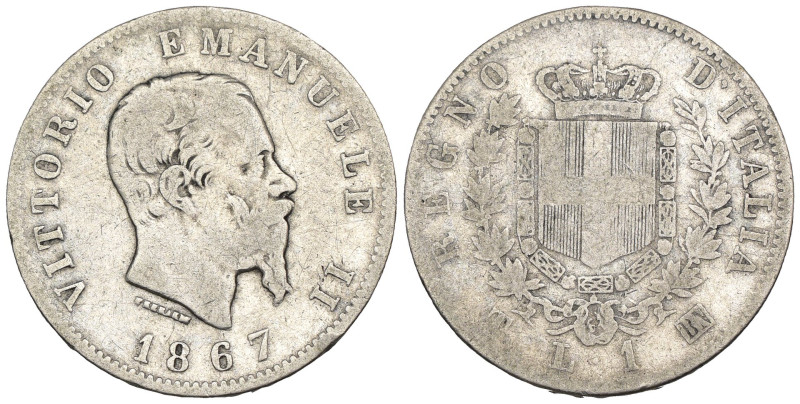 Vittorio Emanuele II - 1 Lira 1867 Torino - Ag - MOLTO RARA (R2) - Ag - Gigante ...