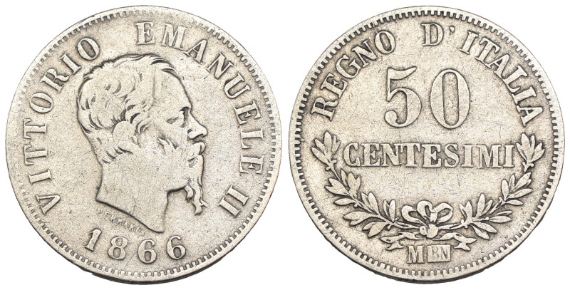 Vittorio Emanuele II (1861-1878) - 50 centesimi 1866 Milano - RARA - Ag - Gigant...