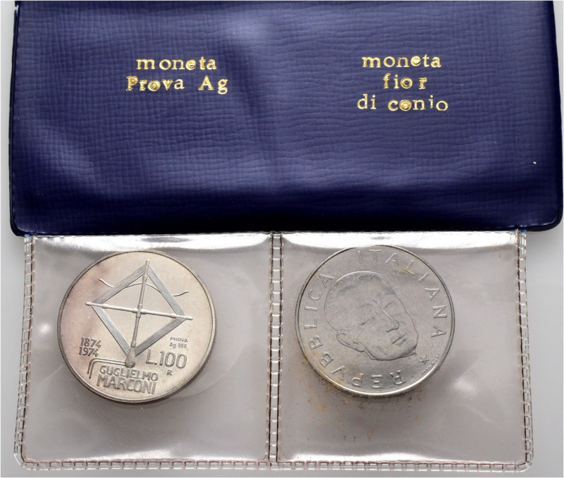 Repubblica Italiana - Dittico 100 Lire Marconi 1974 con Moneta di Prova in Argen...