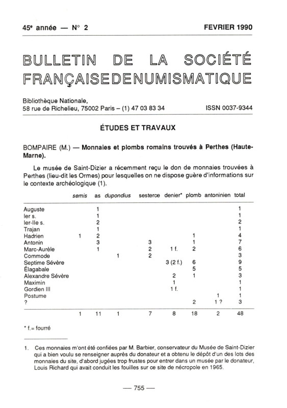 Bompaire M. - Monnaies et plombs romains trouves a Perthes ( Haute-Marne). Paris...
