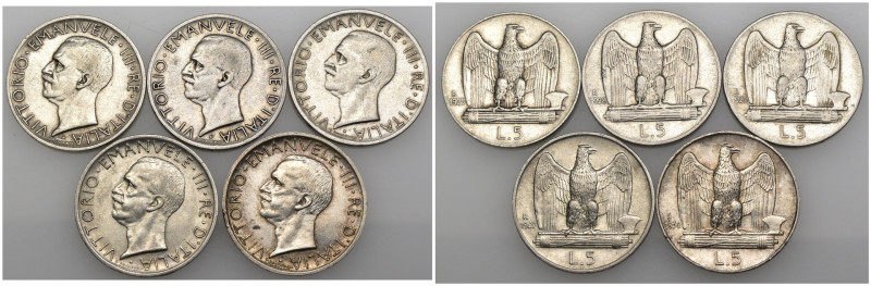 Regno d'Italia - Vittorio Emanuele III (1900-1943) - Lotto di 5 monete da 5 Lire...