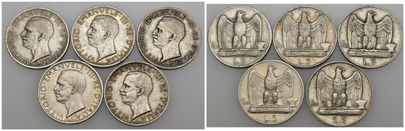 Regno d'Italia - Vittorio Emanuele III (1900-1943) - Lotto di cinque monete da 5...