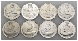 Repubblica Italiana - Lotto di 8 monete da 5 Lire "Delfino". Presente esemplare di 5 Lire Delfino 1956 (MOLTO RARA) in conservazione qBB.

SPEDIZION...
