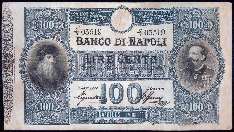 Banco di Napoli - 100 Lire Da Vinci, Vittorio Emanuele II - 06/09/1881 - firme: ...