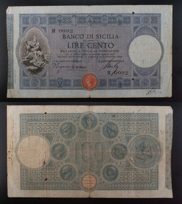 Banco di Sicilia - banconota 100 Lire 30/12/1896 matrice - RARISSIMA

MB+

S...