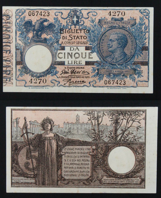 Regno d'Italia - Vittorio Emanuele III (1900-1943) - 5 Lire Biglietto di Stato c...