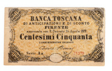 Biglietti Fiduciari - Firenze, Banca Toscana di Anticipazione e di Sconto - 50 Centesimi - 24/04/1870 - Gavello 387

MB+

SPEDIZIONE SOLO IN ITALI...