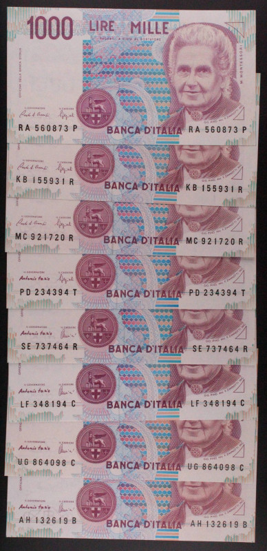 Repubblica Italiana - Lotto di 8 banconote da 1000 Lire "Montessori Violetto" - ...