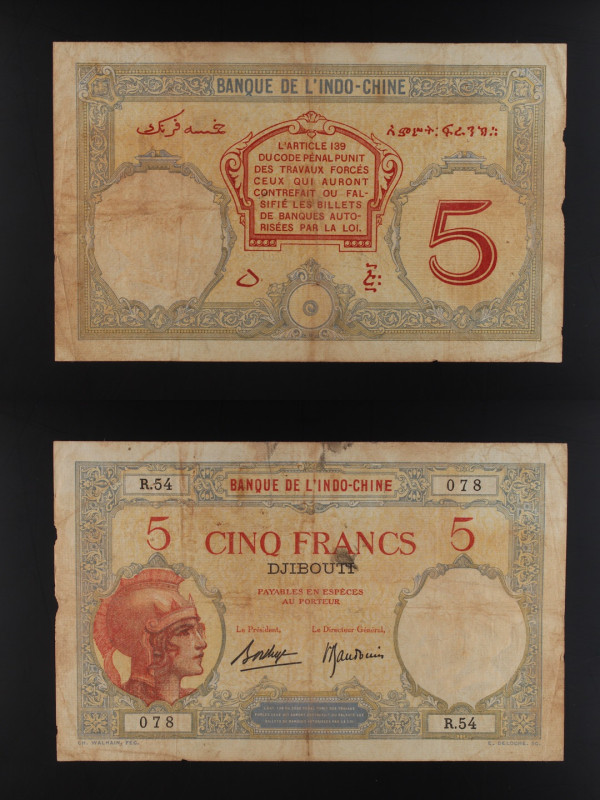 Gibuti - Banca dell'Indocina - banconota 5 Franchi ND (1926) - P#6b

F+

SPE...