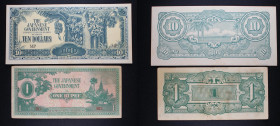 Lotto di 2 banconote: Malesia - 10 Dollari Occupazione Giapponese WWII (1942-1944) - P#M7 (AUNC) ; Burma - 1 Rupia Occupazione Giapponese WWII 1942 - ...
