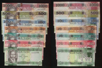 Sudan del Sud - Lotto di 7 banconote: 1 Pound 2011, 5 Pounds 2015, 10 Pounds 2015, 20 Pounds 2017, 100 Pounds 2019, 500 Pounds 2021, 1000 Pounds 2021...